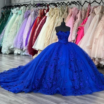 Albastru Strălucitor Prințesă Tul Rochie de Bal Rochii Quinceanera Meninas De 15 Anos Aplicatii de Margele 3DFlower Vestidos De Debutantă