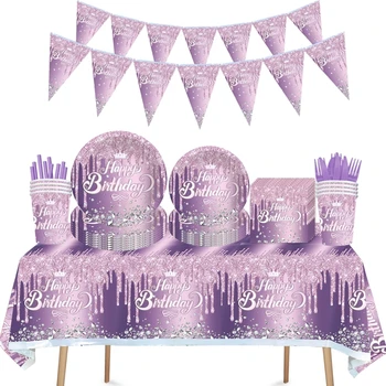 Purple Diamond coroana tema happy Birthday Dispodable Tacâmuri Servețele Farfurii Cesti banner baloane adult Petrecerea de nunta a decora