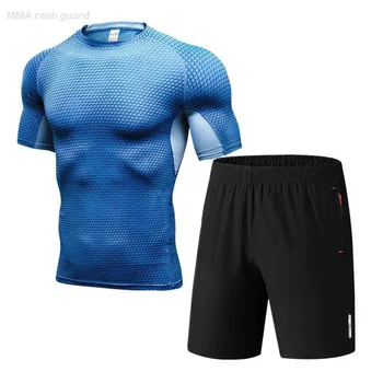 Cu Mânecă scurtă de Fitness tricou pentru Bărbați pantaloni scurți de Sport îmbrăcăminte Buzunar cu fermoar jogging Pantaloni de Trening Barbati Vară Sport Rula shir