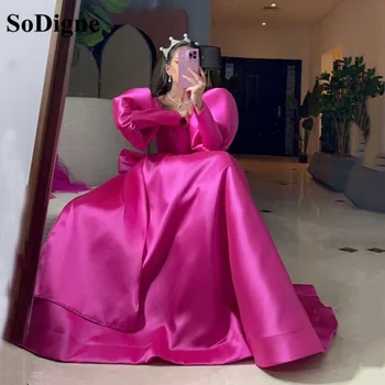 SoDigne Fuchsia Satin Arabă Rochii De Bal 2023 Lungă Puff Mâneci Rochie De Seară Dubai Formale Pentru Femei De Bal, Rochii De Petrecere