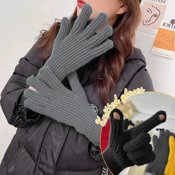 Moda Touch Ecran Mănuși Tricotate Pentru Femei De Iarnă Mănuși De Cald Mănuși De Echitatie Solid Pufos Mănuși De Lucru Mult Kawaii Un Deget În Aer Liber