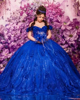 Albastru Regal Printesa Stralucitoare Rochii Quinceanera Rochie De Minge De Pe Umăr Florale Dulci 16 Rochii De 15 Ani Mexican