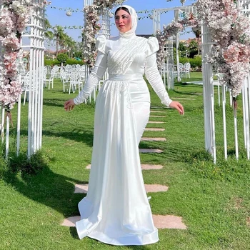 YiMinpwp Musulman Rochii de Mireasa cu Overskirt Gât Înalt Puff Maneca Lunga Lungime de Glezna ștrasuri din Mărgele Femei Hijab Rochii de Mireasa
