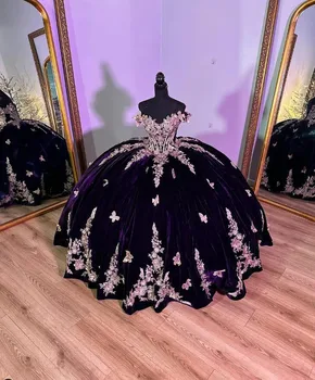 Violet Vlevet Rochie de Bal Rochii Quinceanera cu Capul de Lux Aplicatiile Fluture vestidos de 15años dulce 16 Bal Rochie de Dantelă