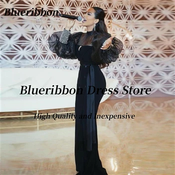 Blueribbon Celebritate Femeile Poarta Negru Sirena Rochii De Bal Guler Înalt Și Mâneci Lungi Rochii De Seara Arabia Saudită Rochie De Petrecere
